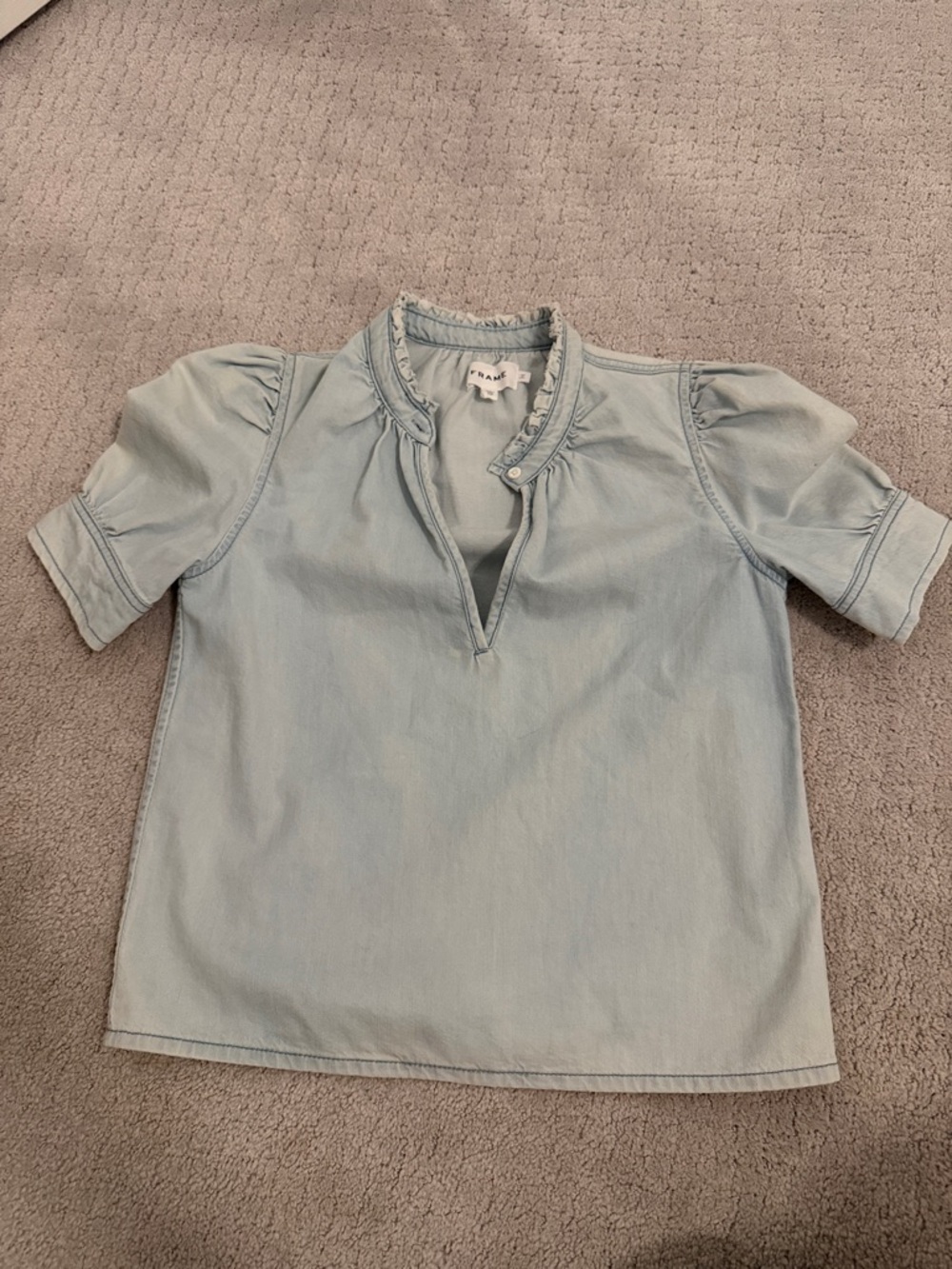 Frame Denim Light Blue Ruffle Neck Top